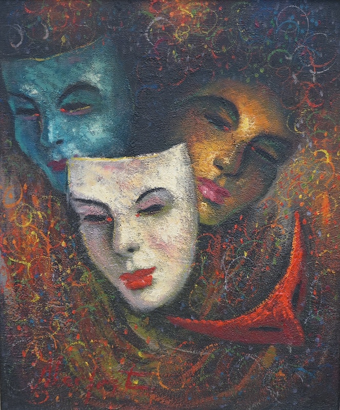 Mid century, impasto oil on canvas, Theatrical masks, indistinctly signed, 58 x 49cm. Condition - good